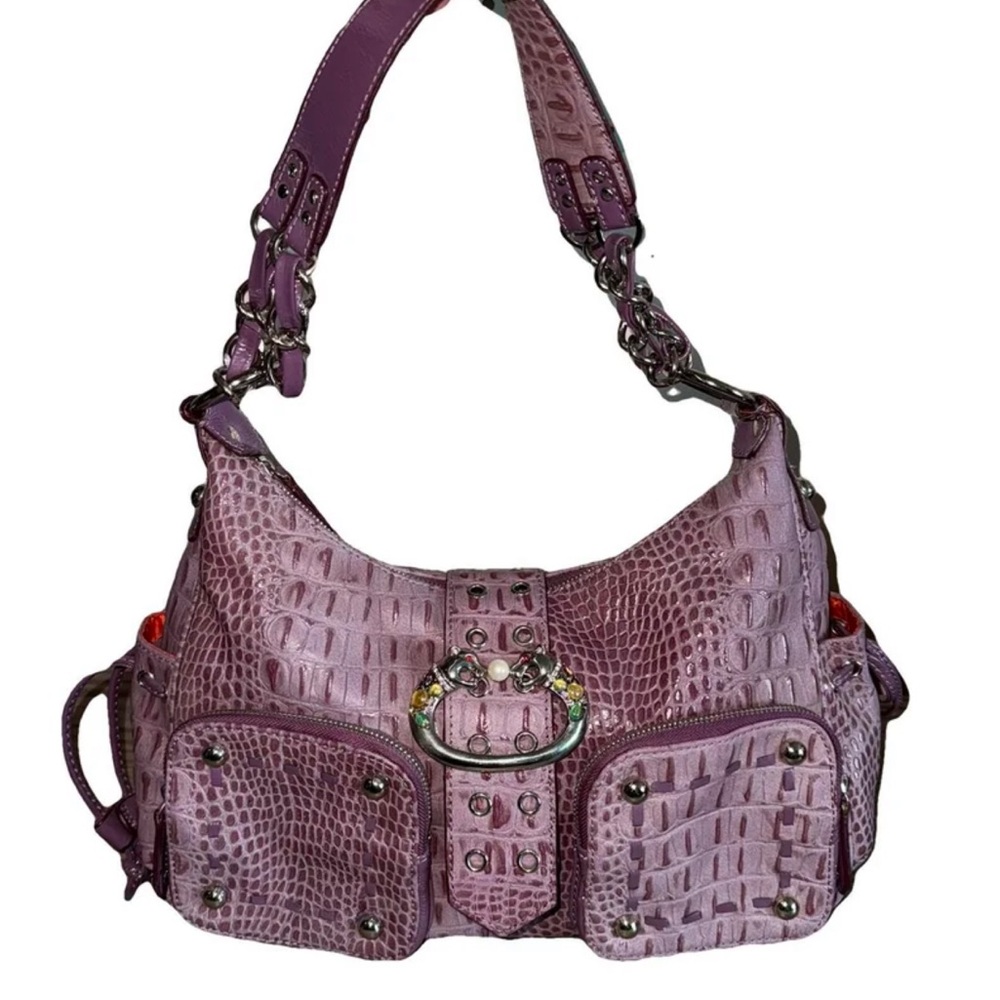 Sharif Studios Purple Crocodile Embossed Shoulder Bag with Panther Emblem